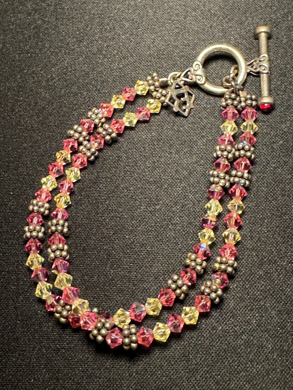 925 Sterling Silver Double Row Pink & White Bracelet 6.5in